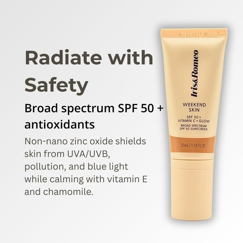 IRIS&ROMEO Weekend Skin SPF 50 - Mineral Sunscreen with Vitamin C & Niacinamide for a Dewy Glow, 1.18 fl oz