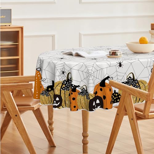 Horaldaily Halloween Tablecloth 60 x 84 Inch Oval Jack-O-Lantern Pumpkin White