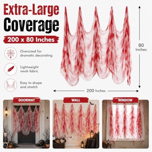 Halloween Bloody Gauze Curtain Red and White 200x80 Inch Haunted House Decor