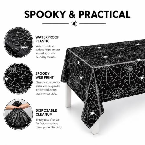Merriva Black Spider Web Halloween Plastic Tablecloth Set - Disposable 54x108 Inch Rectangular Cover with Spooky Cobweb & Spider Print, 3 Pieces