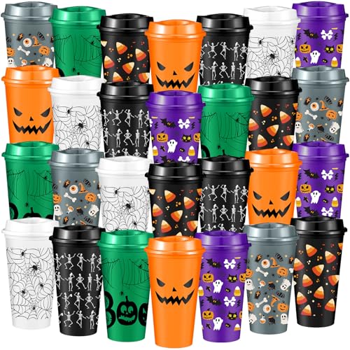 Halloween Reusable Plastic Cups Bulk 16 oz with Lids - Pickmesh 28 Pack Variation