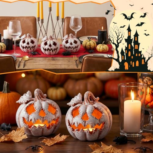 Gray 4.1 Inch Light Up Halloween Pumpkin Resin Jack O Lantern LED