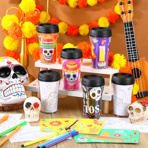DIY Day of the Dead Color Your Own Cups Set - 12 Plastic Mugs 10 oz Variation of 12 / Day of the Dead