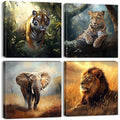 Wildlife Animals Canvas Wall Art Set - 16x16 Inch Safari Animal Decor for Living Room & Nursery - 4 Pieces - Elephant Lion Tiger Leopard - Jungle Wildlife Art