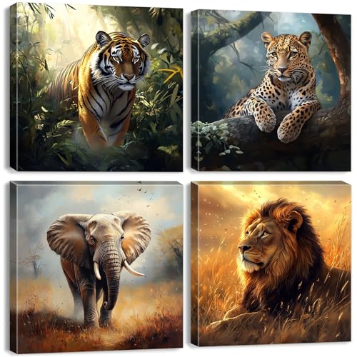 Wildlife Animals Canvas Wall Art Set - 16x16 Inch Safari Animal Decor for Living Room & Nursery - 4 Pieces - Elephant Lion Tiger Leopard - Jungle Wildlife Art