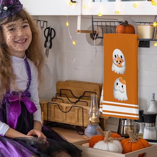 Halloween Kitchen Towel Set - Ghosts & Orange Bows, 2 Pack, Indoor Home Decor