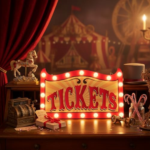 Halloween Carnival Ticket Light Up Sign - 16.5 Inch Wooden Decor with LED String - Variation of Ticket