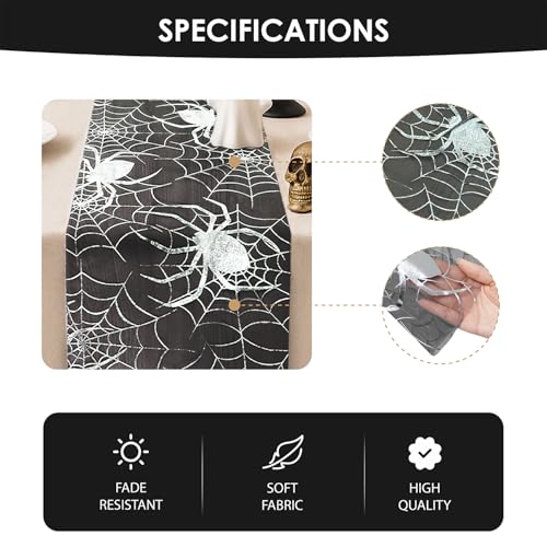 Halloween Table Runner Silver Spider Web Pattern 13x72 Inch Gothic Table Cover
