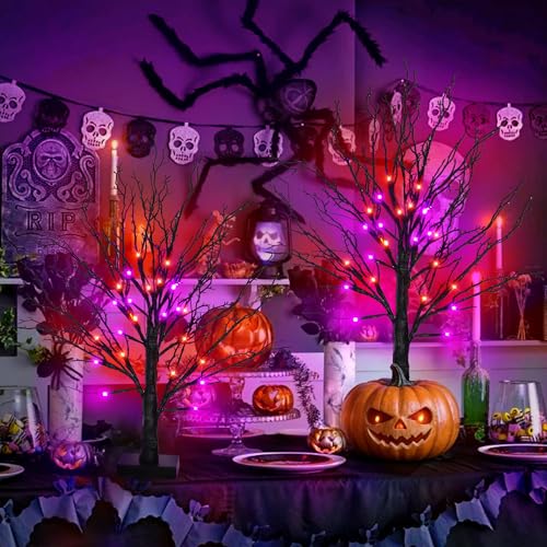 Set B Halloween 24-Inch Black Trees with Orange & Purple LED Lights - Indoor Decor