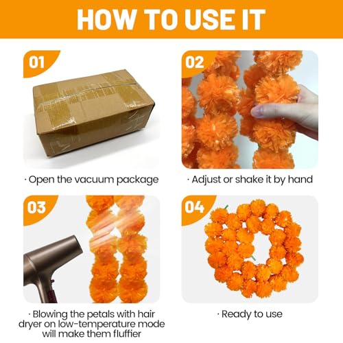 Artificial Marigold Garland for Decoration - 10 Pack, 5 Feet Orange Flowers