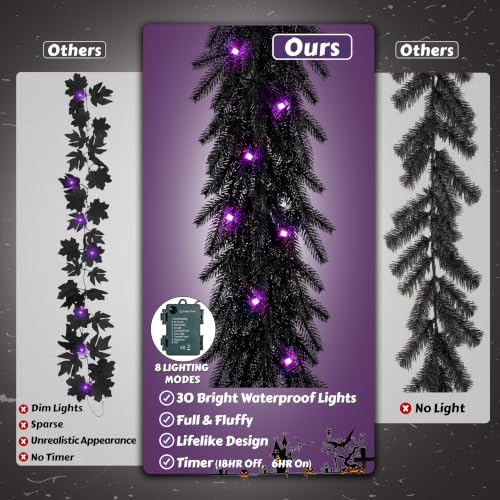 Pre-Lit Halloween Garland 6ft Black Norfolk Pine with Purple LED Lights