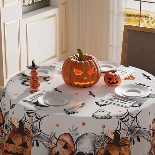 Halloween Spooky Pumpkin Round Tablecloth 70x70 Inch - Seasonal Decor