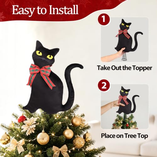 Halloween & Christmas Black Cat Tree Topper with Changeable Bows - 11.8 Inch Decor