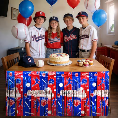 Baseball Party Table Decorations - 108x29.5 Inches Foil Fringe Skirts - Red, Blue & Silver