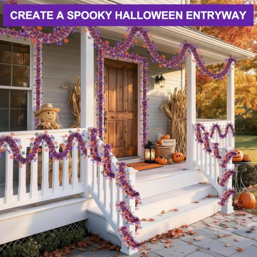Purple Halloween Tinsel Garland 39FT with Spider & Pumpkin Decor