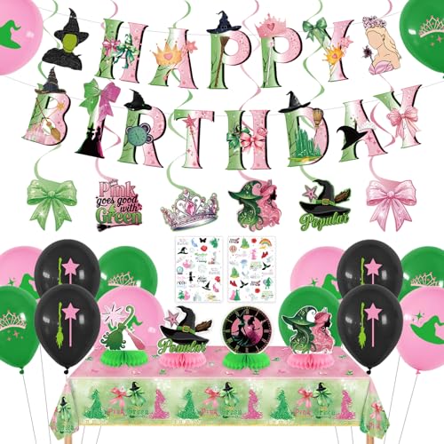 Witch Theme Birthday Party Decorations Set Pink Green Banner Balloons Centerpieces & Tattoos