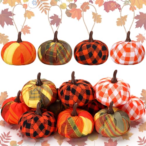 Fall Fabric Pumpkin Ornaments - Set of 12 Thanksgiving Hanging Decorations
