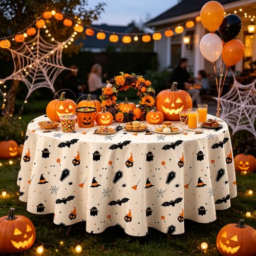Halloween Tablecloth 3 Pack Round 84 Inch Leakproof Plastic Table Covers - Pumpkin Ghost Variation