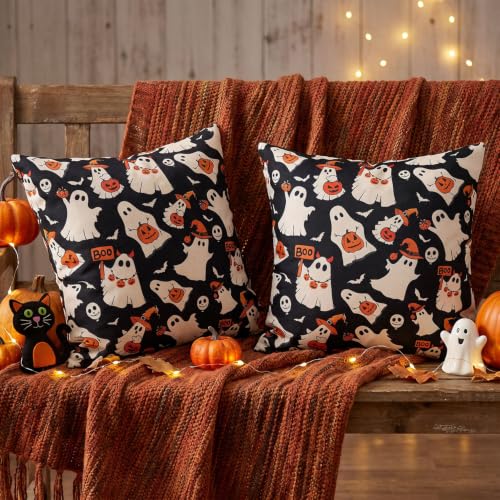 Halloween Ghost Pillow Covers - 20x20 Pack of 2, Playful Black Ghost Decor