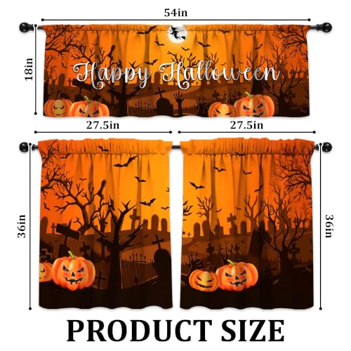 Halloween Spooky Kitchen Curtains Set - 3 Pieces, 54x18 Valance & Tier Panels, Pack of 3 - Ghosts Bats &