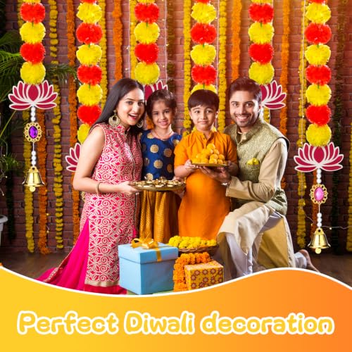Artificial Marigold Garland with Lotus and Bells - Diwali Festival Decor Set of 6
