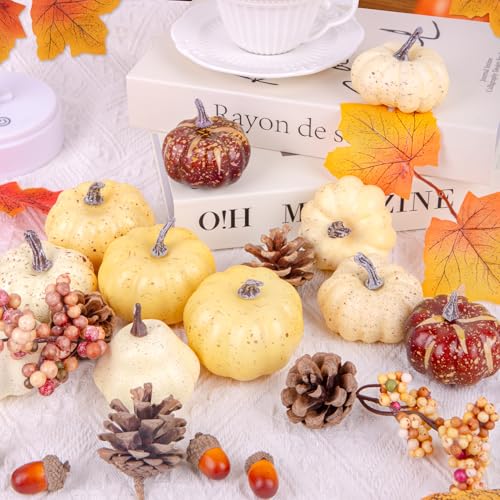 Fake Pumpkin Decor Set - Fall Halloween Thanksgiving Table Decorations with Mini Pumpkins Acorns Pine Cones Berries - Style 1