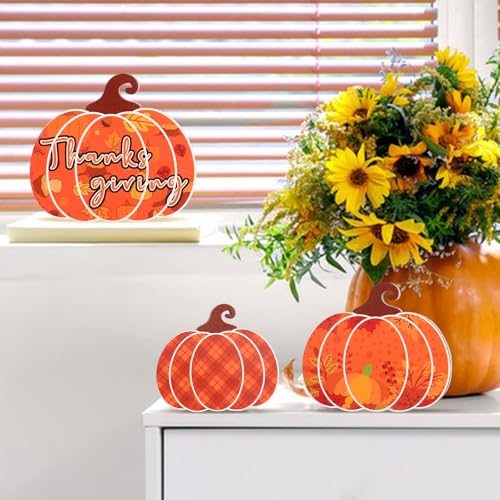 Vivid Medium Wooden Pumpkin Decorations Set for Halloween & Thanksgiving - Double-Sided Table Decor, 3 Pieces