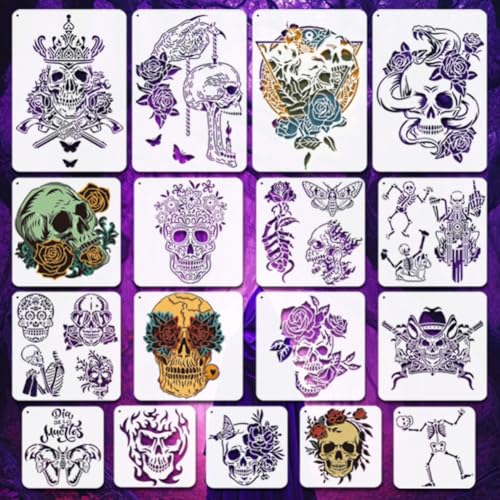 Halloween Skull Stencils Set - Large Reusable Wall Art & Craft Templates - Rose Skull Variation