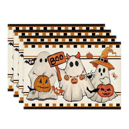 Halloween Ghost Placemats Set of 4 - 12 x 18 Inch Rectangular Table Decor