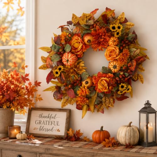 24 Inch Fall Front Door Wreath with Pumpkins & Dahlias - Autumn Decor