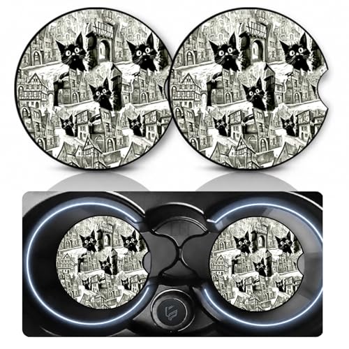 Retro Architecture & Black Cat Car Coaster Set - Neoprene Cup Holders for Vehicles