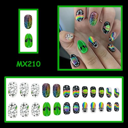 24 Pcs Short Oval Press On Nails with Rainbow Alien Design - Night Sky Variation