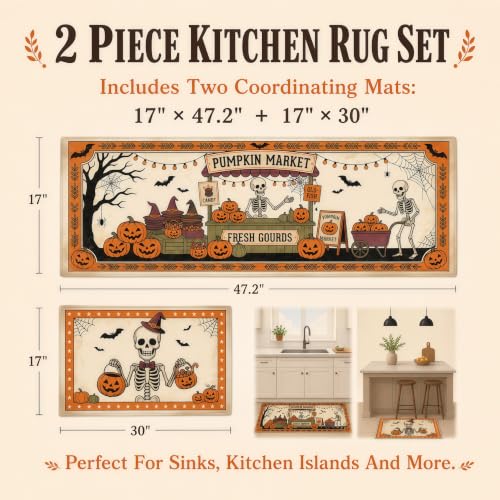 Halloween Skeleton Pumpkin Kitchen Mat Set of 2 - Non Slip Fall Rug with Autumn Decor - Skeleton Pumpkin Market Variation