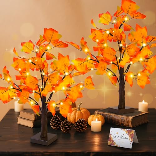 2 Pack Lighted Fall Maple Trees for Thanksgiving & Autumn Decor - Battery Operated, 24 Inch