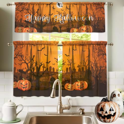 Halloween Spooky Kitchen Curtains Set - 3 Pieces, 54x18 Valance & Tier Panels, Pack of 3 - Ghosts Bats &