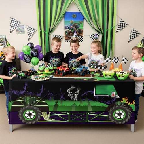 Kids Monster Truck Tablecloth for Birthday Party, Reusable Polyester Decoration