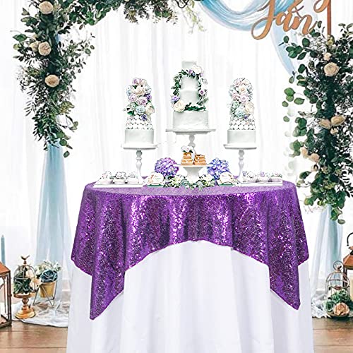 Purple Sequin Tablecloth 50x50 Inch Square Wedding Party Decor - ShinyBeauty