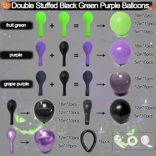 Black Purple Green Balloon Arch Kit for Halloween and Parties - Double Stuffed Latex Balloons