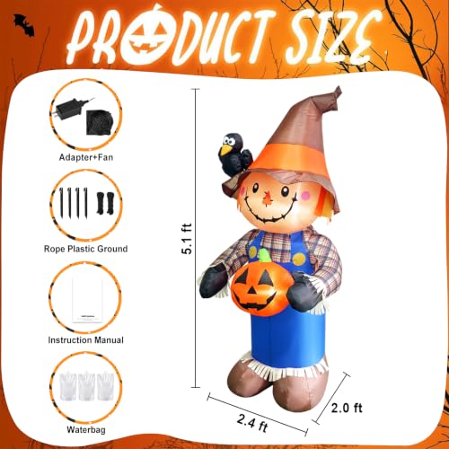 5FT Outdoor Halloween Inflatable Scarecrow with LED Lights for Garden & Yard Decor