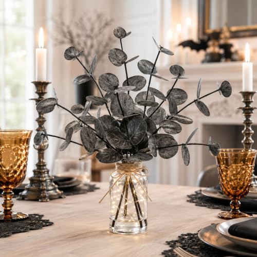 Black Artificial Eucalyptus with LED Lights in Glass Vase - 12.6 Inch