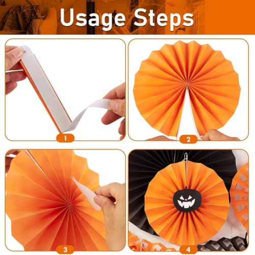 Halloween Paper Fan Decorations Set - Black and Orange, 9 Pieces