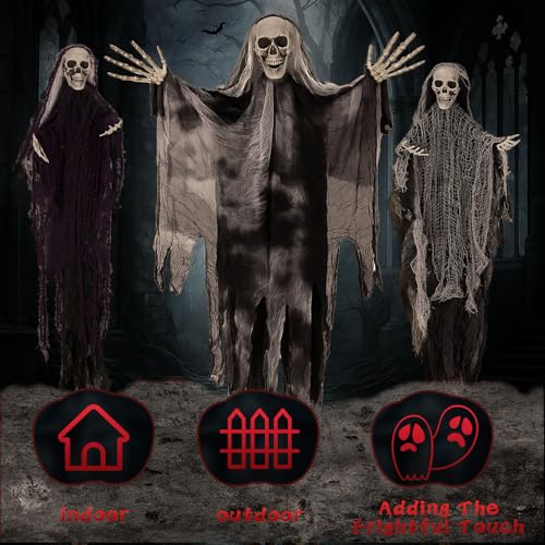 Halloween Decorations 3 Pack Hanging Skeleton Ghosts - Grim Reaper Props with Adjustable Arms