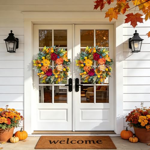Pinkpuii 24 Inch Fall Harvest Wreath for Front Door - Red Peony Variation