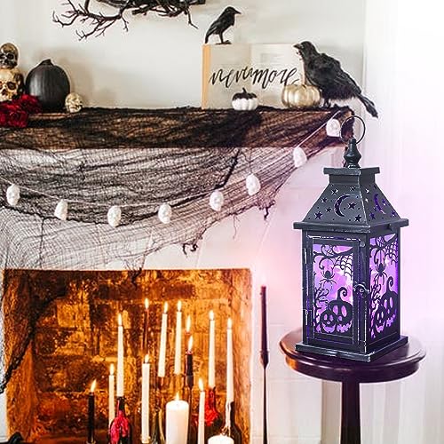 Halloween Indoor & Outdoor Lantern with Spider & Pumpkin Pattern - 14.7" Decorative Candle Lantern with 78" LED Lights (8 Modes) - Party Decor, Spooky Home & Room Decoration - Variation: Spider & Pumpkin