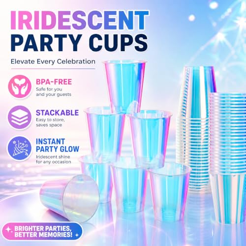 12 oz Iridescent Plastic Cups - Pack of 50 Disposable Glitter Party Cups