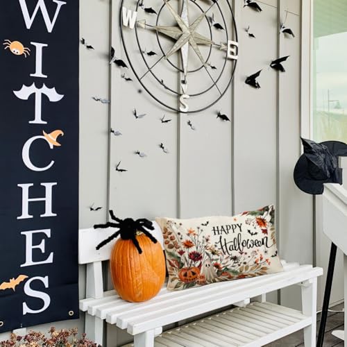 Halloween Pillow Covers 12x20 Inch Pumpkin Ghost Bat Decor - Black Variation