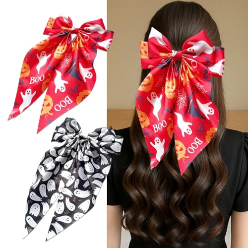 Halloween Hair Clips for Women 2-Pack Ghost Pumpkin Bows Cosplay Accessory