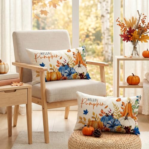 Artscope Fall Pumpkin Throw Pillow Covers 12x20 Set of 2 - Blue Autumn Home Decor