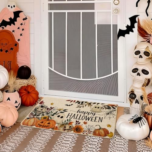 Halloween Door Mat Pumpkin Ghost Spider Web Welcome Doormat 17x29 Inch - Ghost Pumpkins Variation