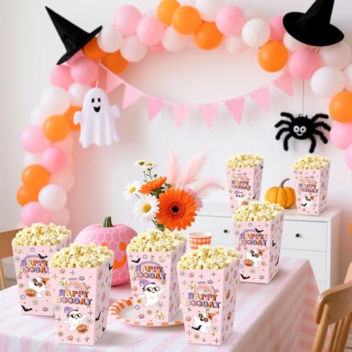 Pink Ghost Halloween Popcorn Boxes - Party Favor Goodie Bags (12 Pack)